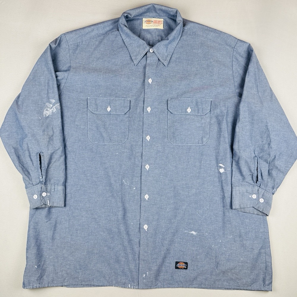 Vintage Dickies Chambray Work Shirt USA Made Distressed Paint 3XL